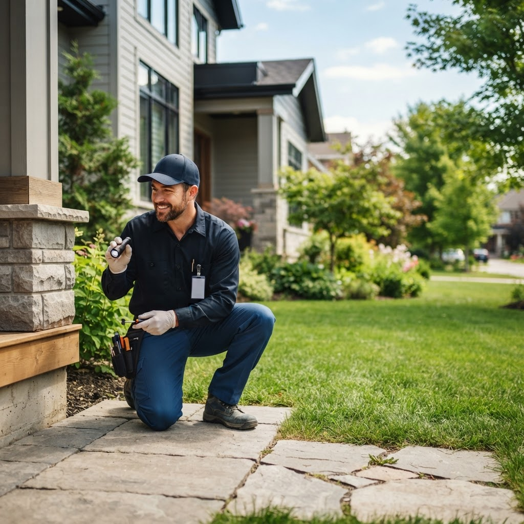 Licensed pest control technician inspecting a modern home exterior